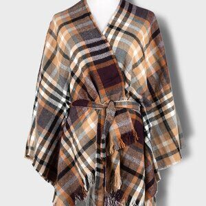 Plaid Ruana with Belted Wrap Fall Camel Brown